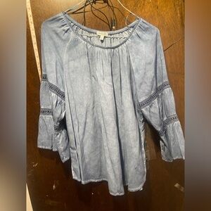 Chic Denim Blue Blouse with Lace Details